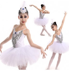 White v neck strap girls kids children swan lake competition performance school play tutu skirt ballet dance costumes dresses outfits